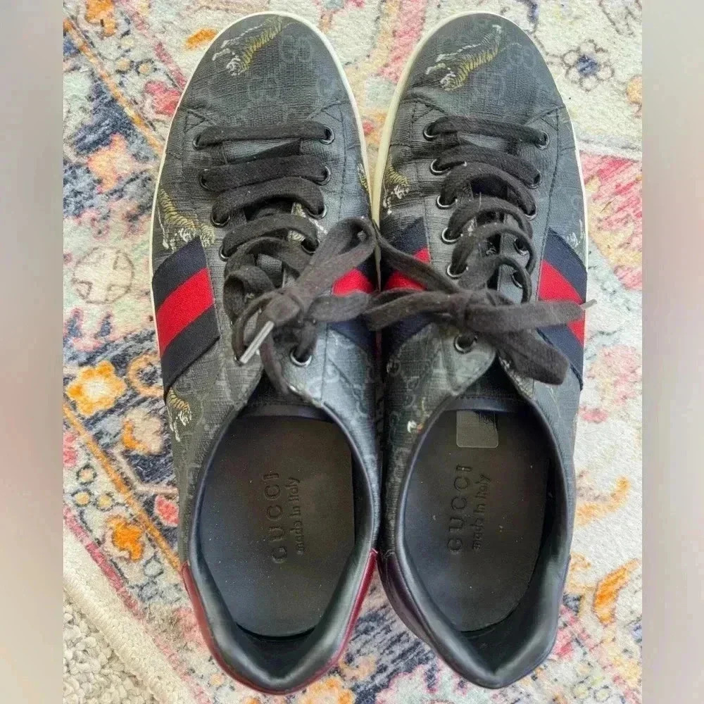 GUCCI Ace Web GG Supreme Monogram Tiger Canvas Gray Leather 9.5 US Or 43 EUR - Picture 3 of 7